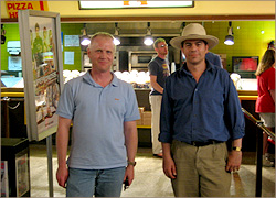 Artdish publishers Eric and Jim take a break for concessions at the Valley 6 Drive-in in Auburn, Washington, August 2005. Photo: Igor Keller.