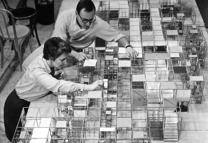 George Nelson, Two staff members in Nelson's office with a model for the American National Exhibition "Jungle Gym," Moscow (detail)